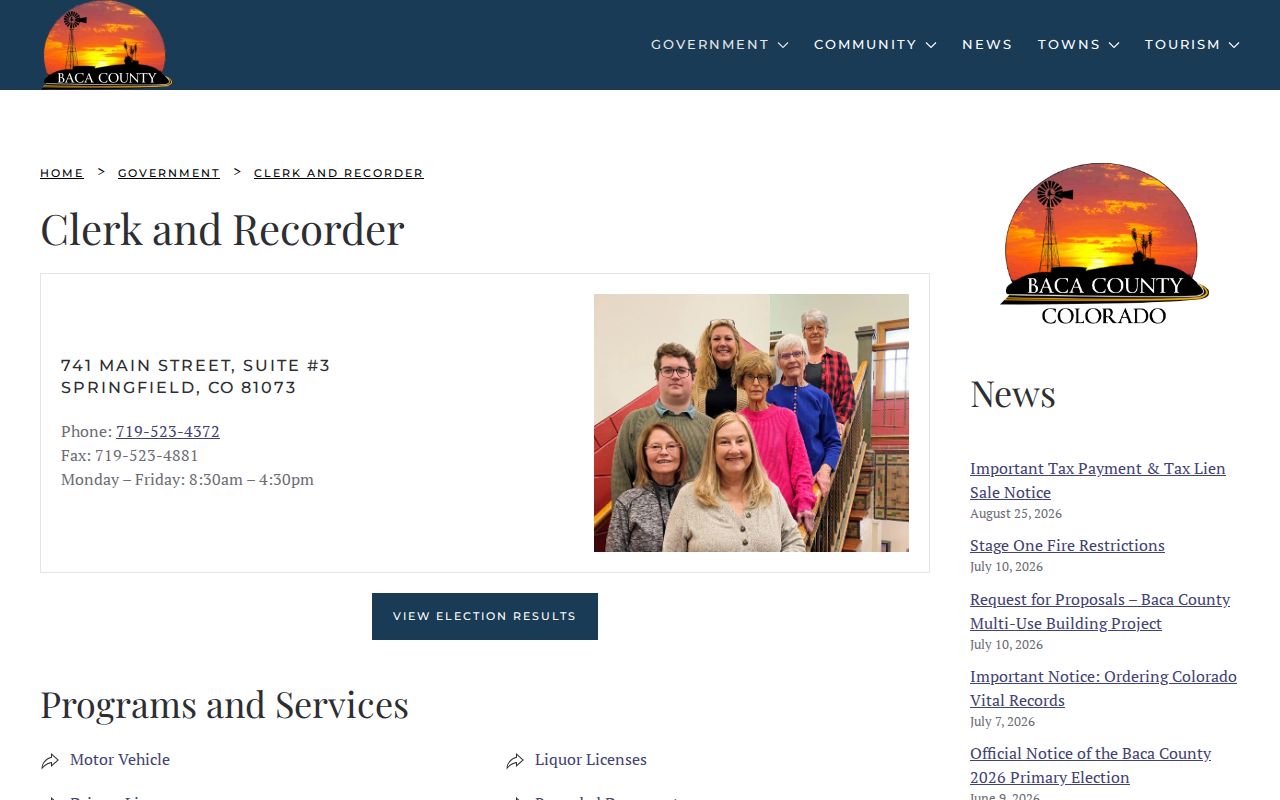 Baca County Clerk and Recorder official contact page
