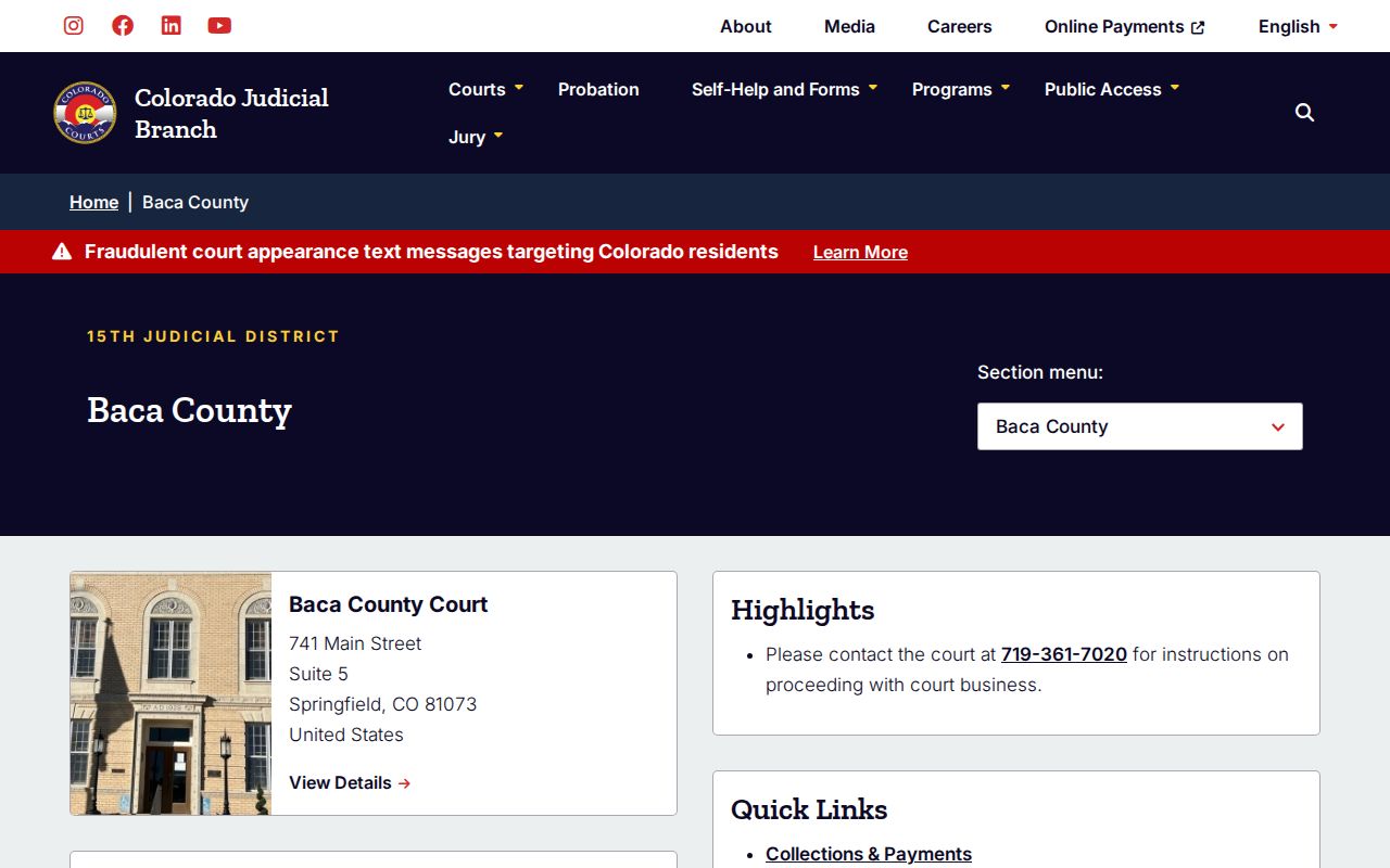 Baca County warrant records court docket and services links