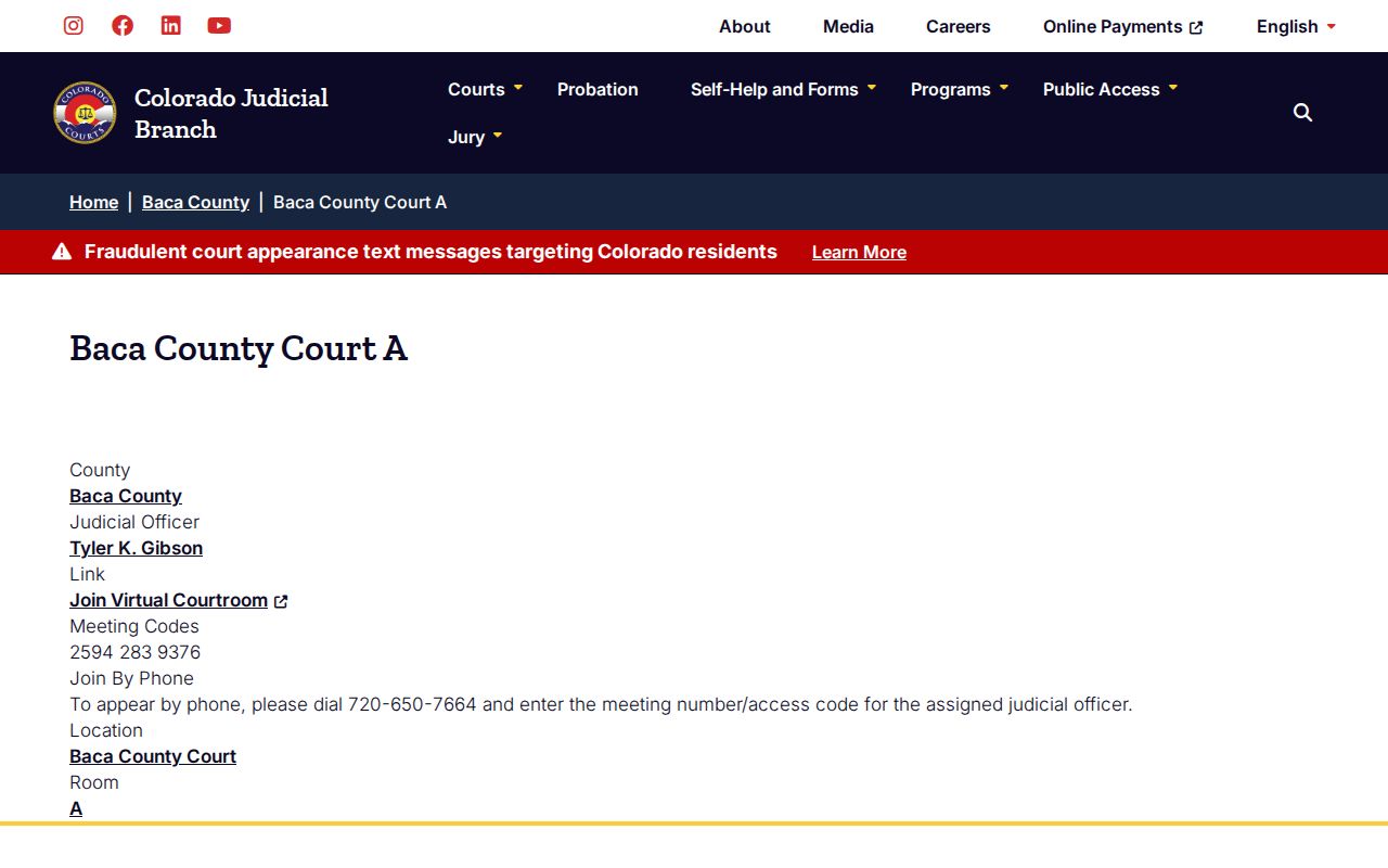 Baca County Court virtual room warning for warrant follow-up
