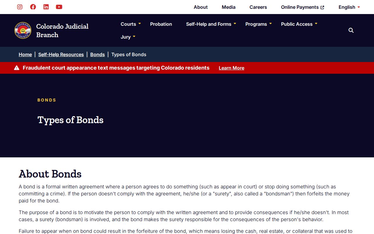 Official Colorado bond types for Baca County bench warrant cases