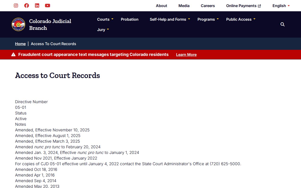 Colorado Judicial Branch court record policy for Baca County arrest warrants