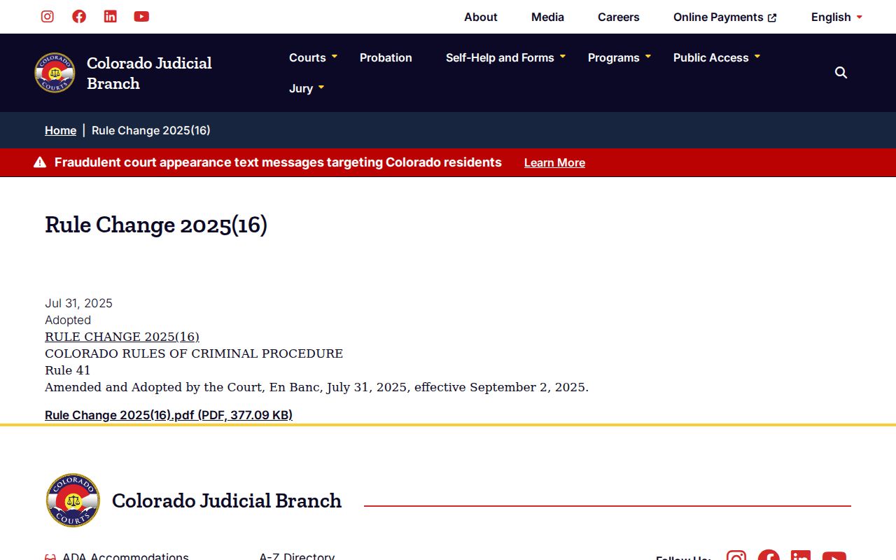 Colorado Judicial Branch current Rule 41 source for Baca County research