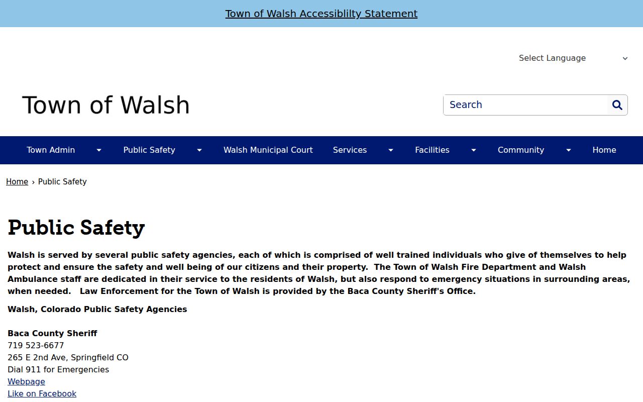 Walsh public safety page explaining Baca County Sheriff provided law enforcement