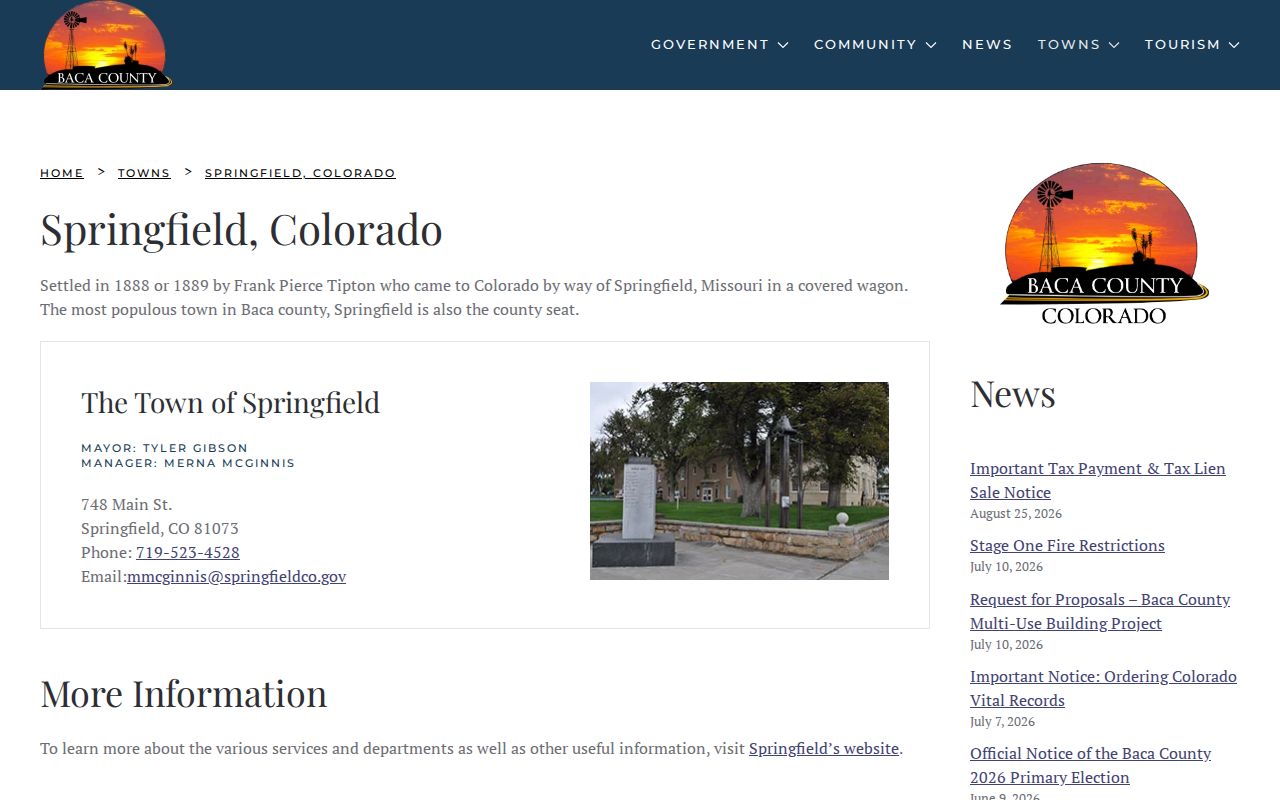 Springfield county-seat context for Baca County official record offices