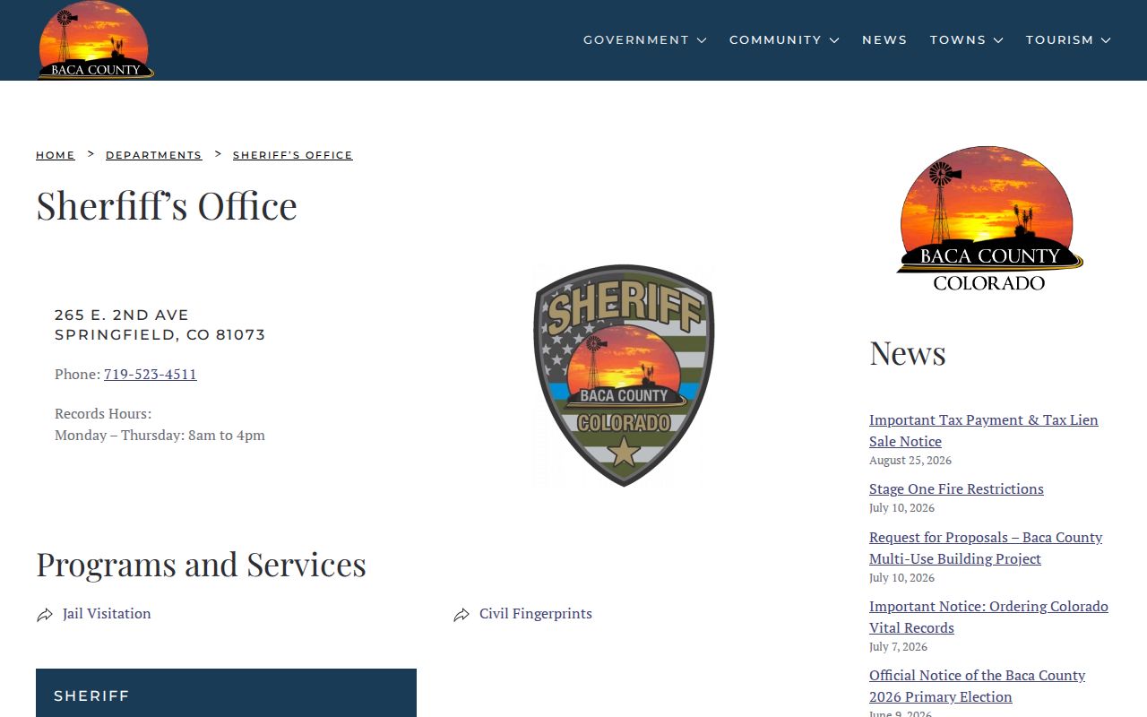 Pritchett warrant records source showing the official Baca County Sheriff office page